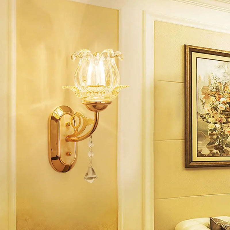 DecorBites™ Vintage-Style Bedside Wall Sconce Lamp with Flower Amber Glass Shade and Pull Chain