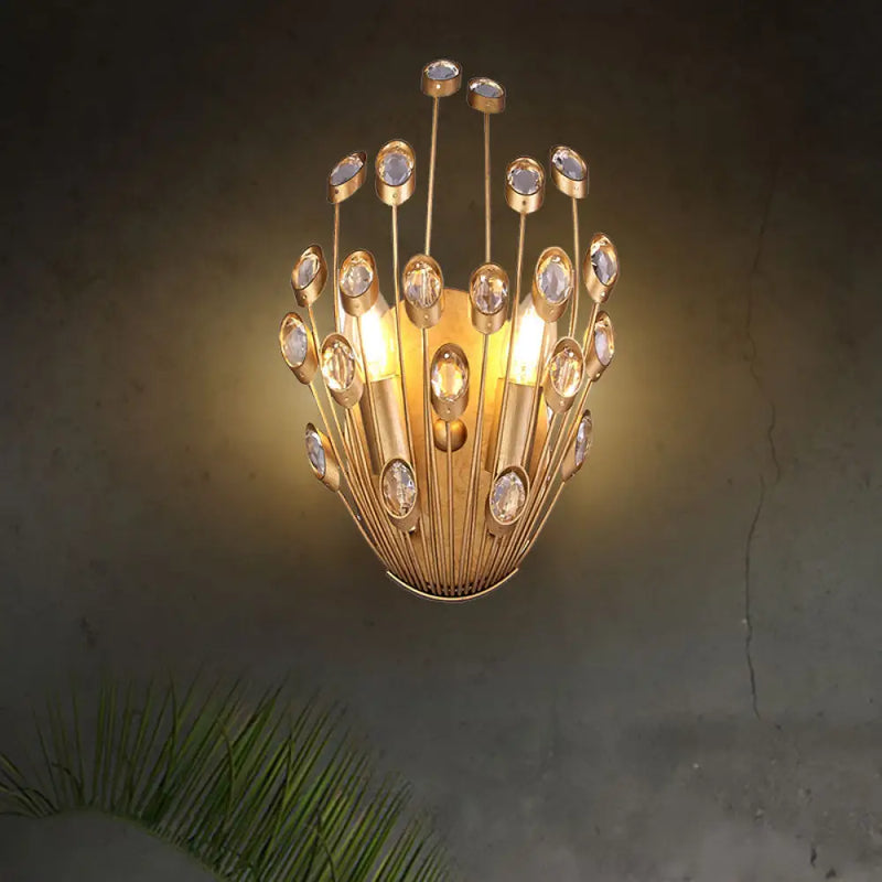 DecorBites™ Vintage Style Crystal Wall Lamp with Peacock Tail Design - 2 Heads, Brass Finish