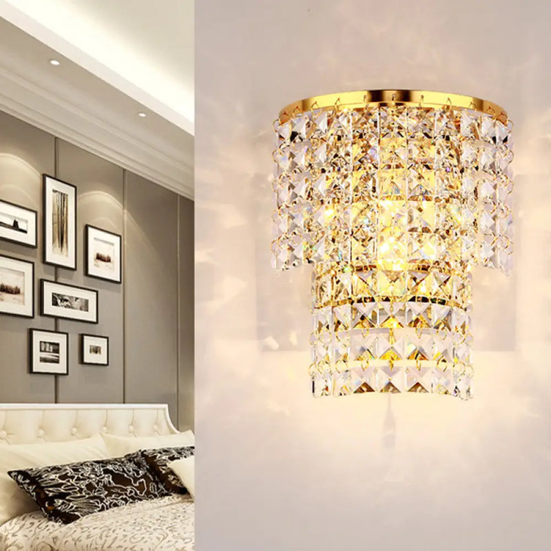 DecorBites™ Vintage Style Crystal Wall Sconce with Double Layers & Chrome/Gold Finish - 1 Light, Square Shape (7"/10" W)