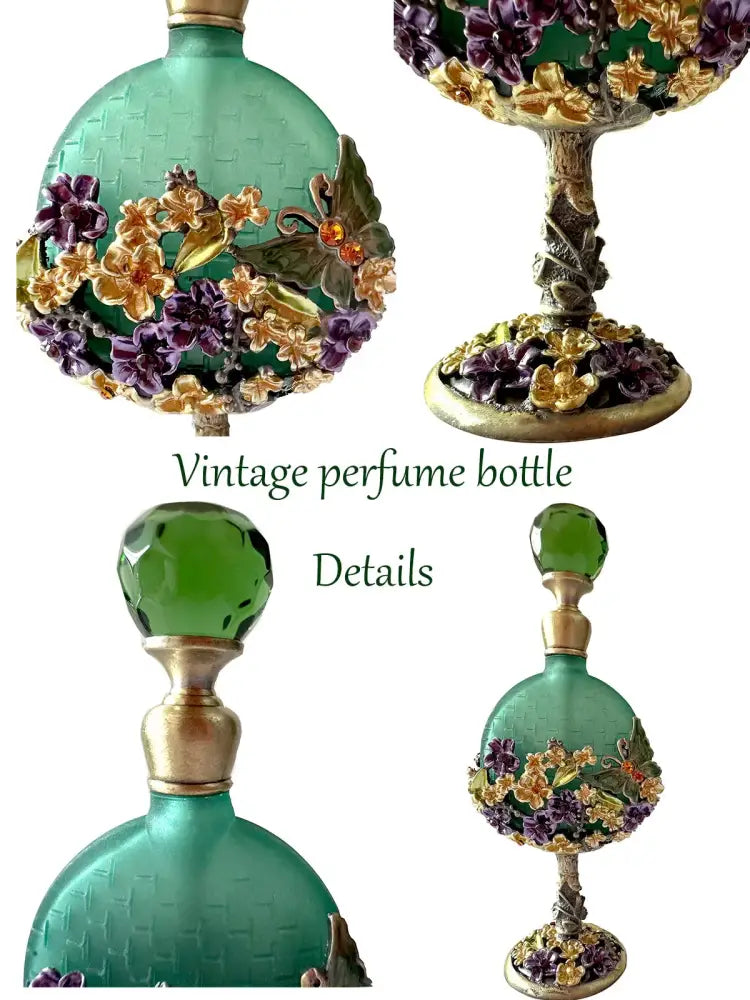Vintage teal and purple glass perfume bottle bedroom decor