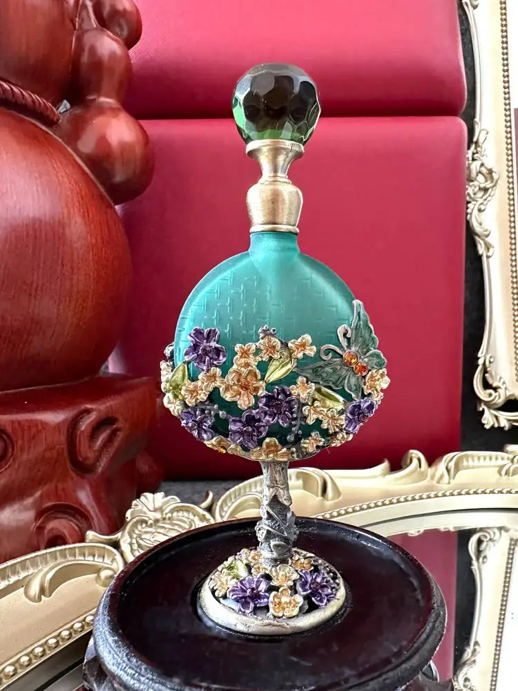 Vintage teal and purple glass perfume bottle bedroom decor