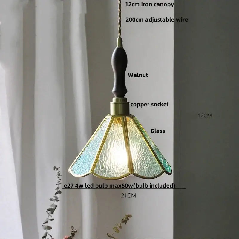 Vintage teal blue glass led pendant light kitchen brass hanging lamp