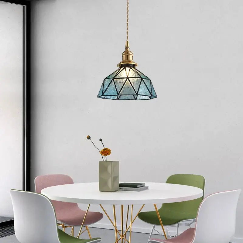 Vintage teal blue glass led pendant light kitchen brass hanging lamp