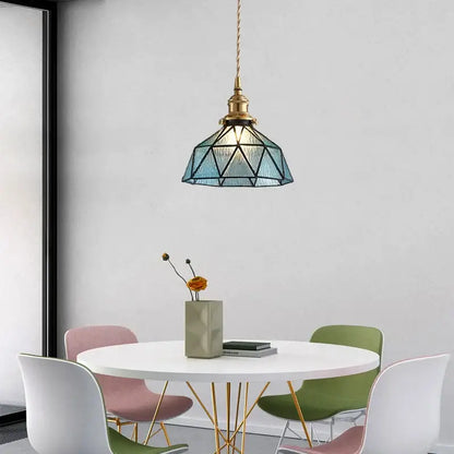 Vintage teal blue glass led pendant light kitchen brass hanging lamp