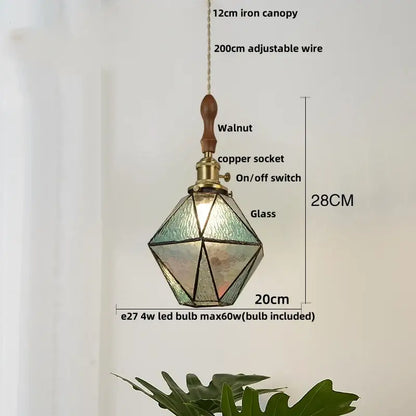 Vintage teal blue glass led pendant light kitchen brass hanging lamp
