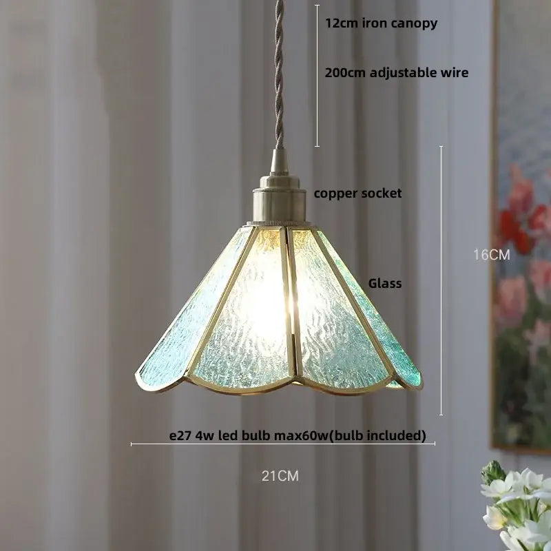 Vintage teal blue glass led pendant light kitchen brass hanging lamp
