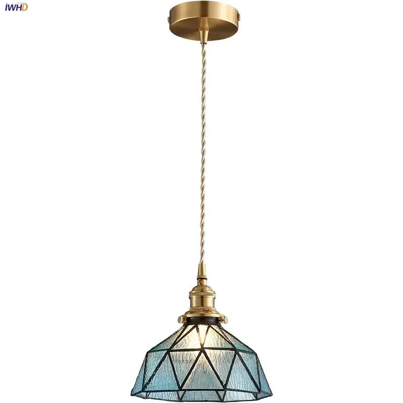 Vintage teal blue glass led pendant light kitchen brass hanging lamp
