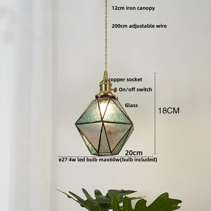 Vintage teal blue glass led pendant light kitchen brass hanging lamp