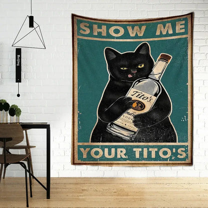 Vintage teal cat tarot tapestry – bedroom tito’s vodka wall decor