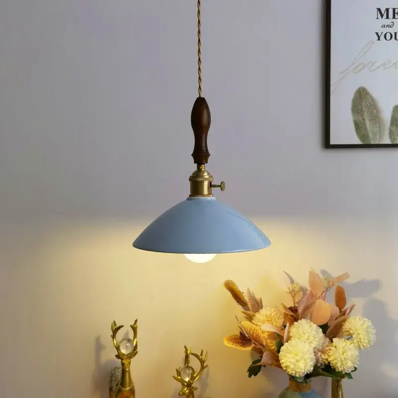 Vintage teal ceramic led pendant lamp kitchen light with wood handle