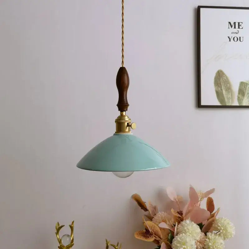 Vintage teal ceramic led pendant lamp kitchen light with wood handle
