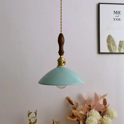 Vintage teal ceramic led pendant lamp kitchen light with wood handle