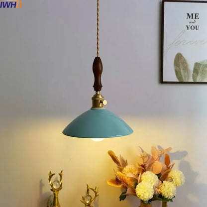 Vintage teal ceramic led pendant lamp kitchen light with wood handle