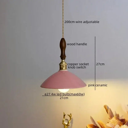Vintage teal ceramic led pendant lamp kitchen light with wood handle