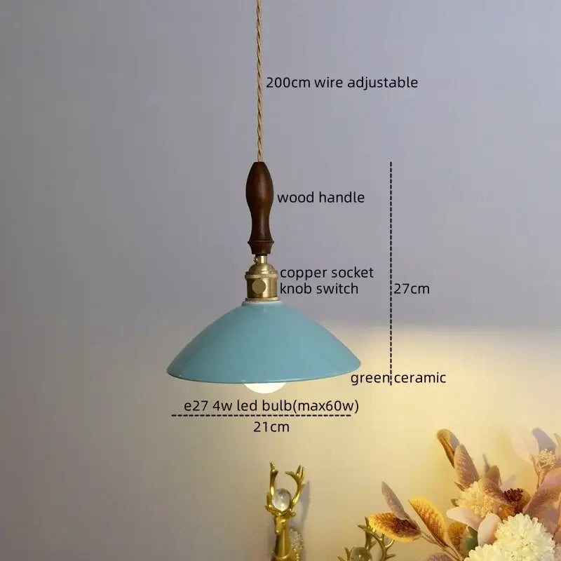 Vintage teal ceramic led pendant lamp kitchen light with wood handle