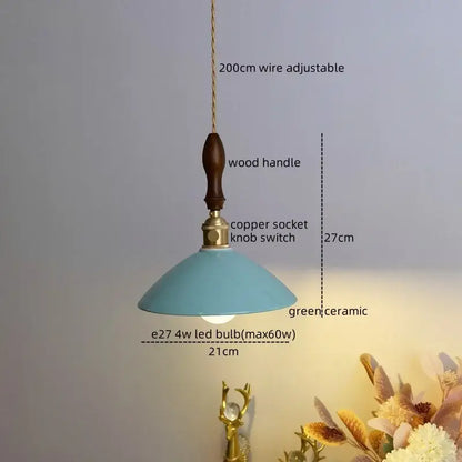 Vintage teal ceramic led pendant lamp kitchen light with wood handle