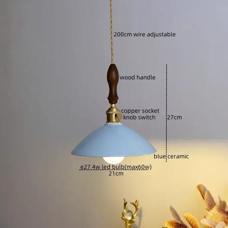 Vintage teal ceramic led pendant lamp kitchen light with wood handle