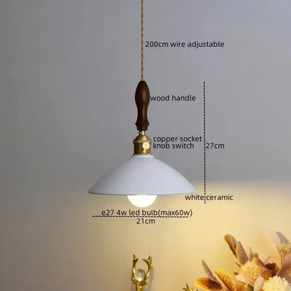 Vintage teal ceramic led pendant lamp kitchen light with wood handle