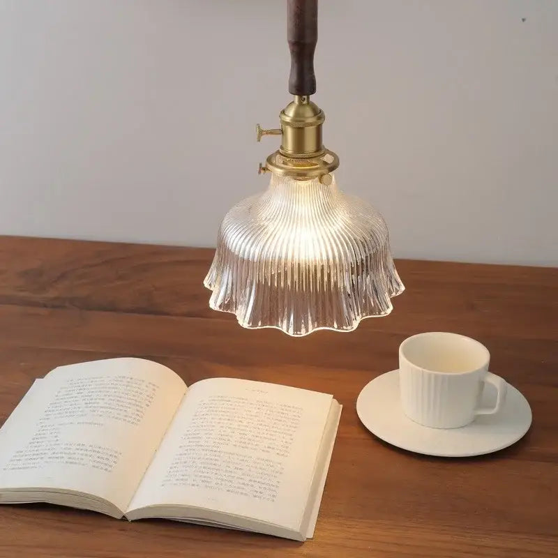 Vintage walnut and brass glass led pendant lamp dining room