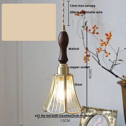 Vintage walnut & green glass led wood pendant light dining room