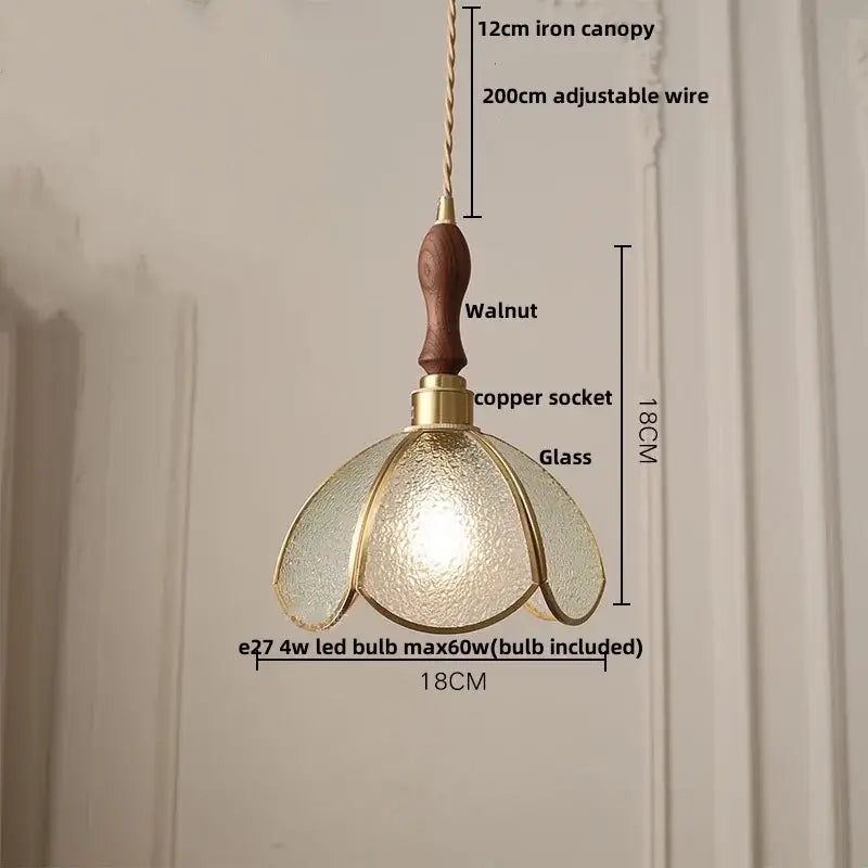 Vintage walnut & green glass led wood pendant light dining room