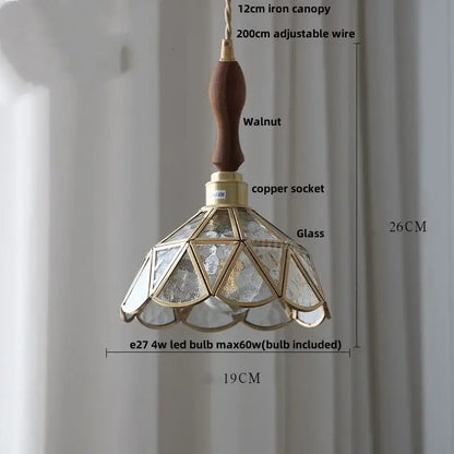 Vintage walnut & green glass led wood pendant light dining room