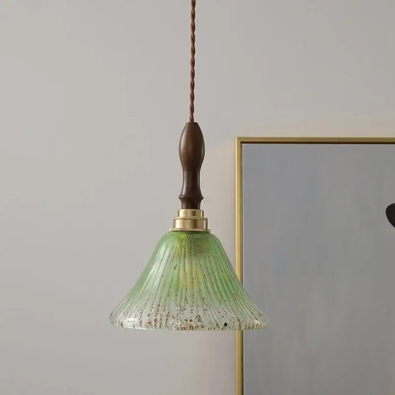 Vintage walnut & green glass led wood pendant light dining room
