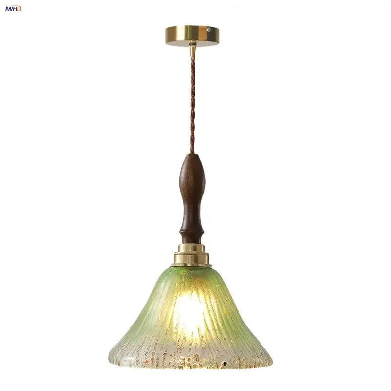Vintage walnut & green glass led wood pendant light dining room