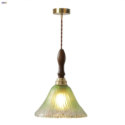 Vintage walnut & green glass led wood pendant light dining room