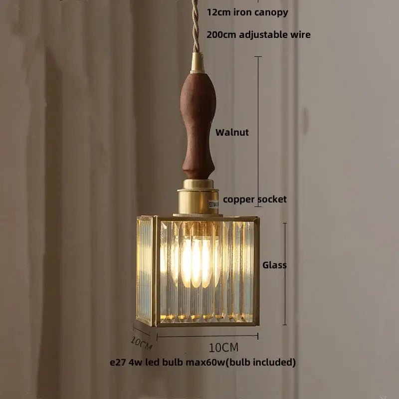 Vintage walnut & green glass led wood pendant light dining room