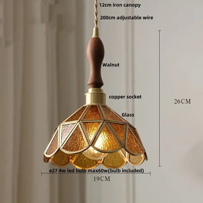 Vintage walnut & green glass led wood pendant light dining room
