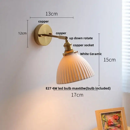 Vintage white ceramic and copper canopy led wall sconce bedroom light