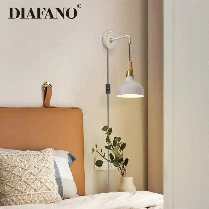 Vintage white ceramic wall lamp with wood accent bedroom light