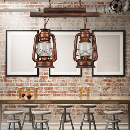 Vintage wood and copper lantern island light kitchen fixture