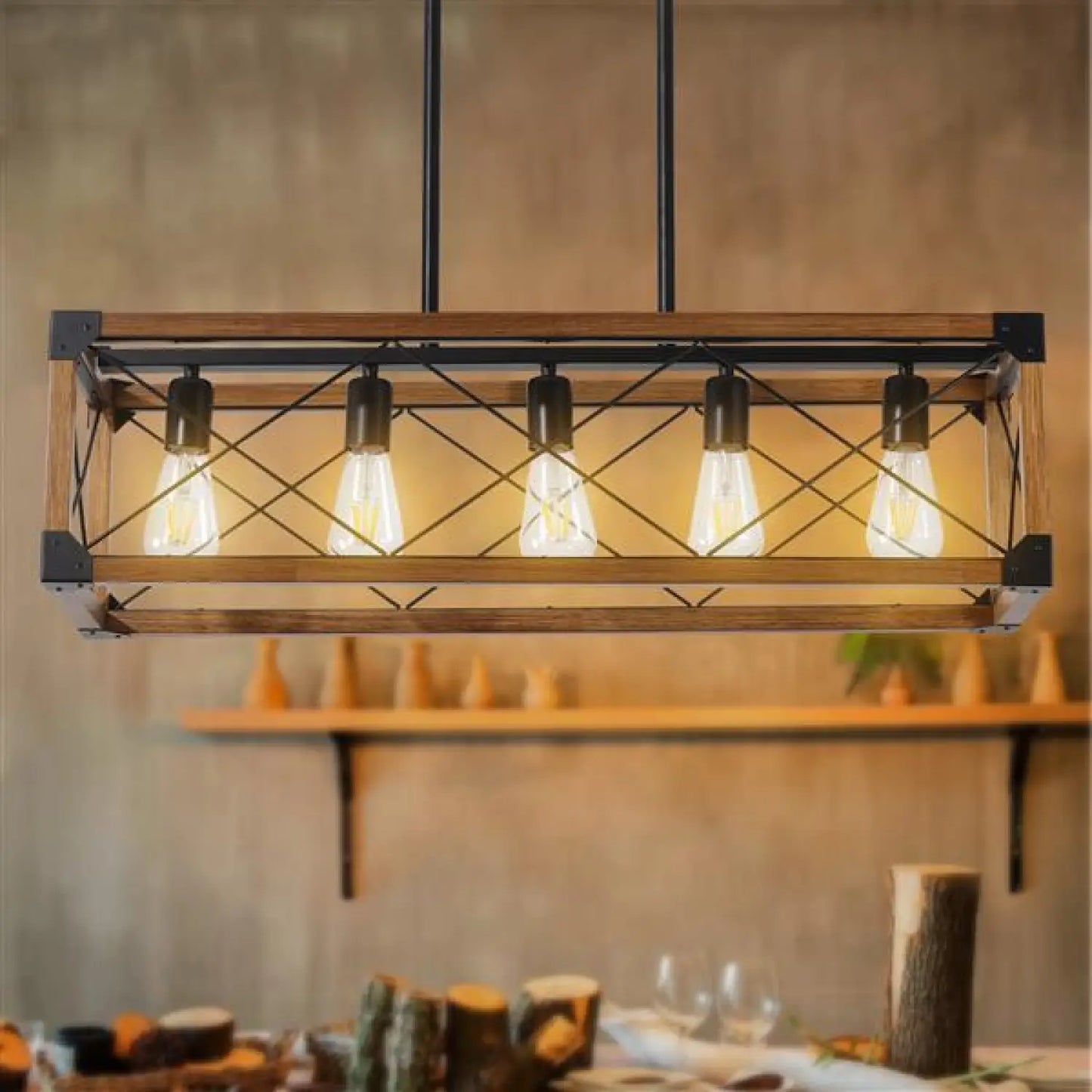 Vintage Wood Pendant Light – 5 Light Hanging Fixture