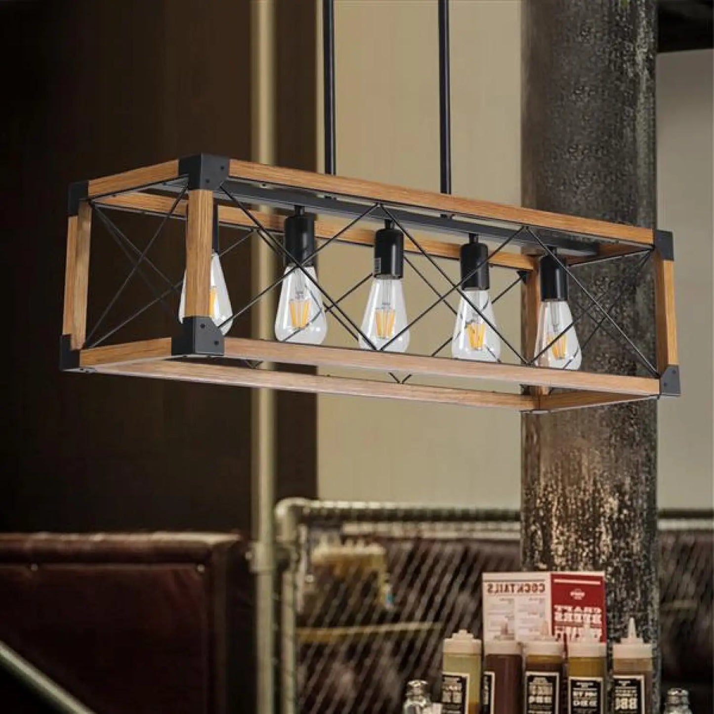 Vintage Wood Pendant Light – 5 Light Hanging Fixture