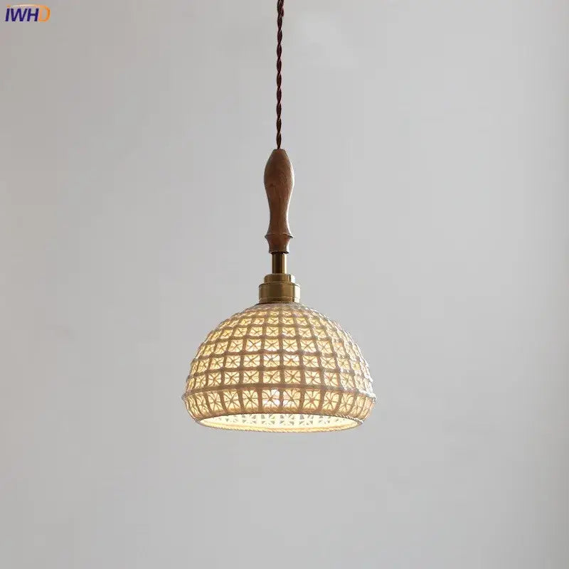 Vintage woven rattan ceramic led pendant light for dining room