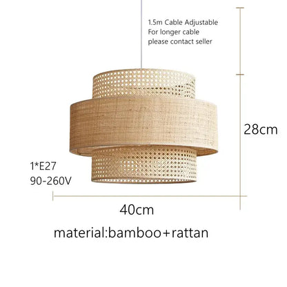 Wabi sabi bamboo and rattan pendant light – dining room layered shade