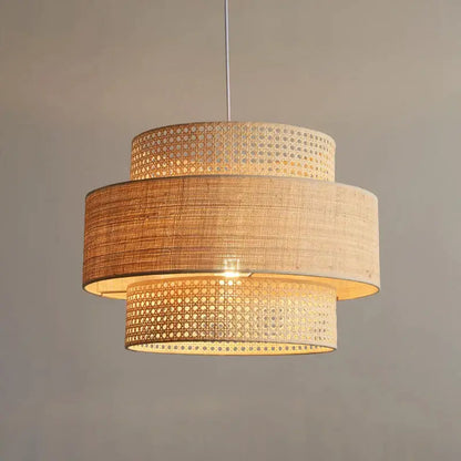Wabi sabi bamboo and rattan pendant light – dining room layered shade