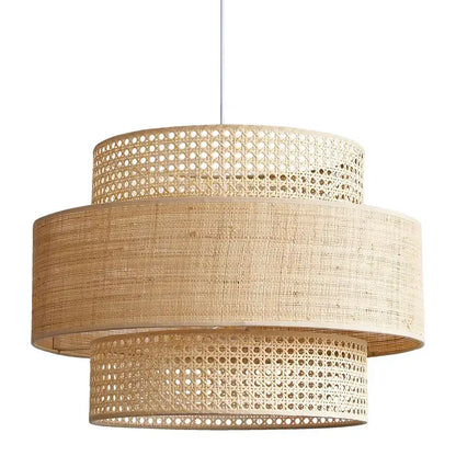 Wabi sabi bamboo and rattan pendant light – dining room layered shade