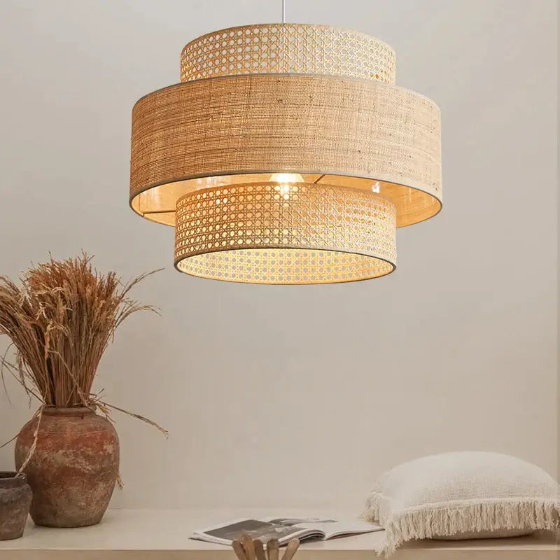 Wabi sabi bamboo and rattan pendant light – dining room layered shade