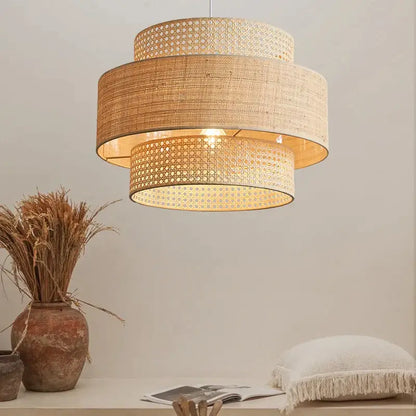 Wabi sabi bamboo and rattan pendant light – dining room layered shade