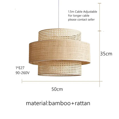Wabi sabi bamboo and rattan pendant light – dining room layered shade