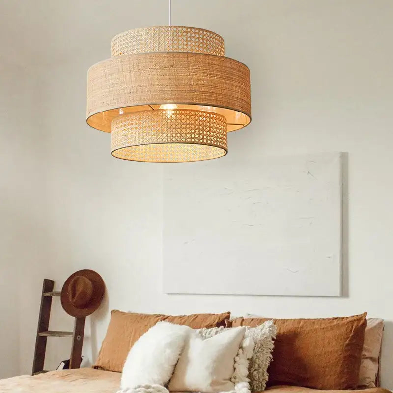 Wabi sabi bamboo and rattan pendant light – dining room layered shade