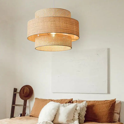 Wabi sabi bamboo and rattan pendant light – dining room layered shade