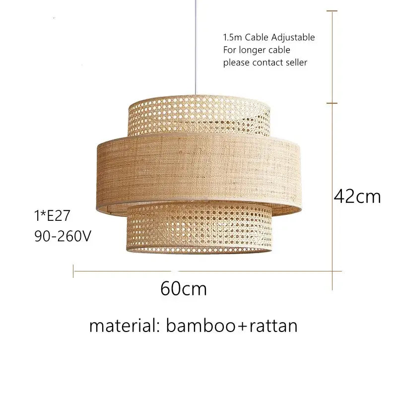 Wabi sabi bamboo and rattan pendant light – dining room layered shade