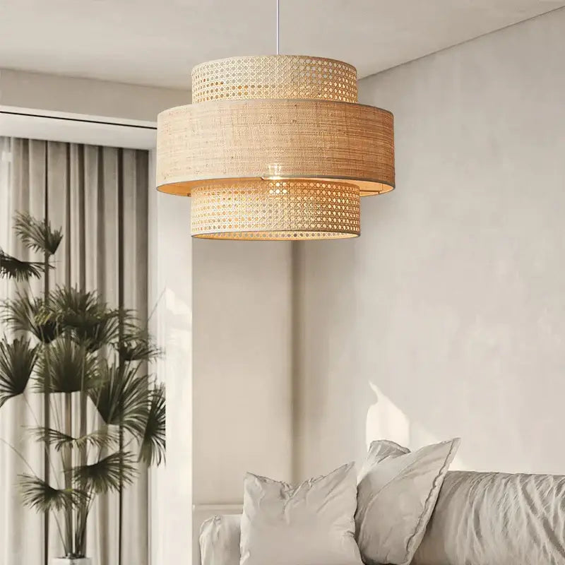 Wabi sabi bamboo and rattan pendant light – dining room layered shade