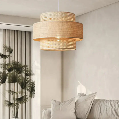 Wabi sabi bamboo and rattan pendant light – dining room layered shade