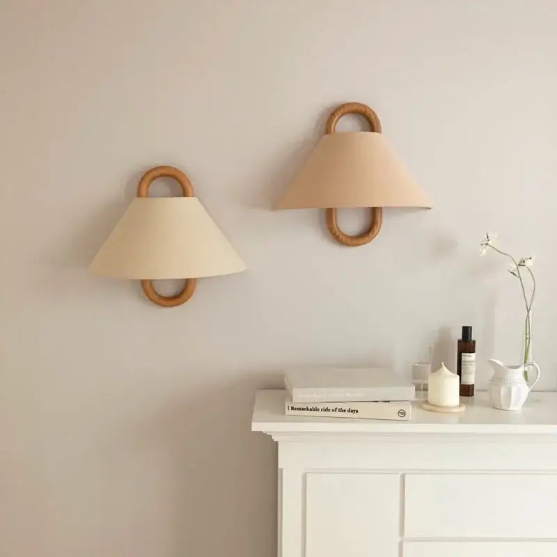 Wabi-sabi beech wood wall lamp with fabric shade for bedroom
