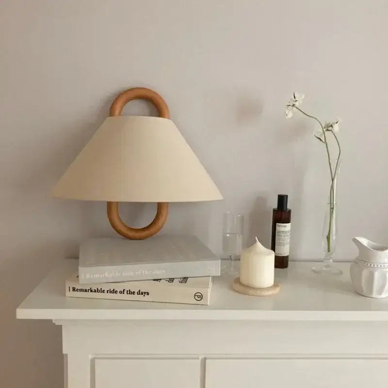 Wabi-sabi beech wood wall lamp with fabric shade for bedroom